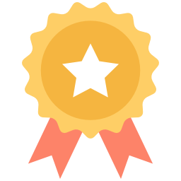 A medal with a star emblem and two ribbons hanging representing quality.